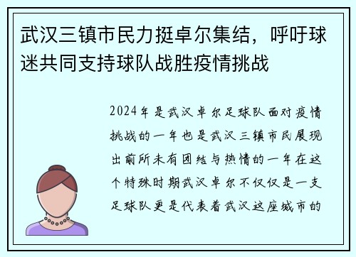 武汉三镇市民力挺卓尔集结，呼吁球迷共同支持球队战胜疫情挑战
