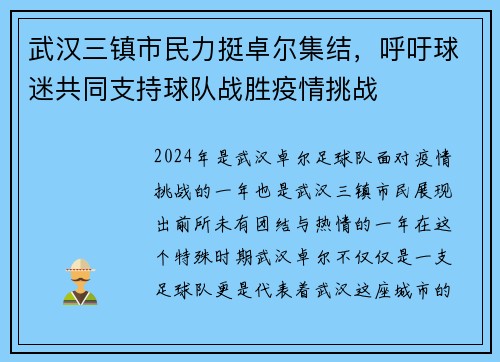 武汉三镇市民力挺卓尔集结，呼吁球迷共同支持球队战胜疫情挑战